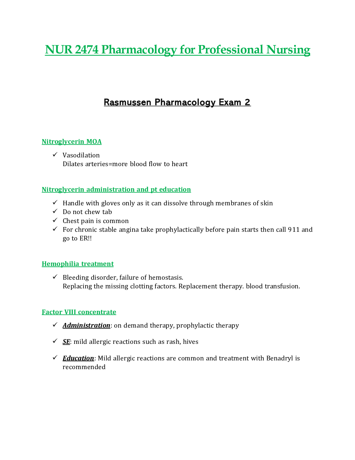 Preview image for NUR2474 / NUR 2474 Pharmacology for Professional Nursing  Exam 2 Updated:  - Rasmussen